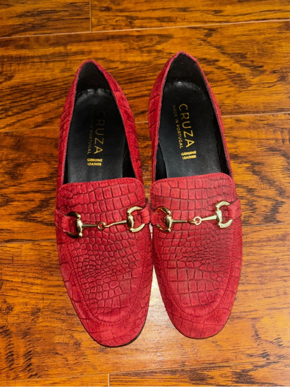 CRUZA Genuine Leather Red Crocodile Suede Bit Loafers Made in Portugal Flats